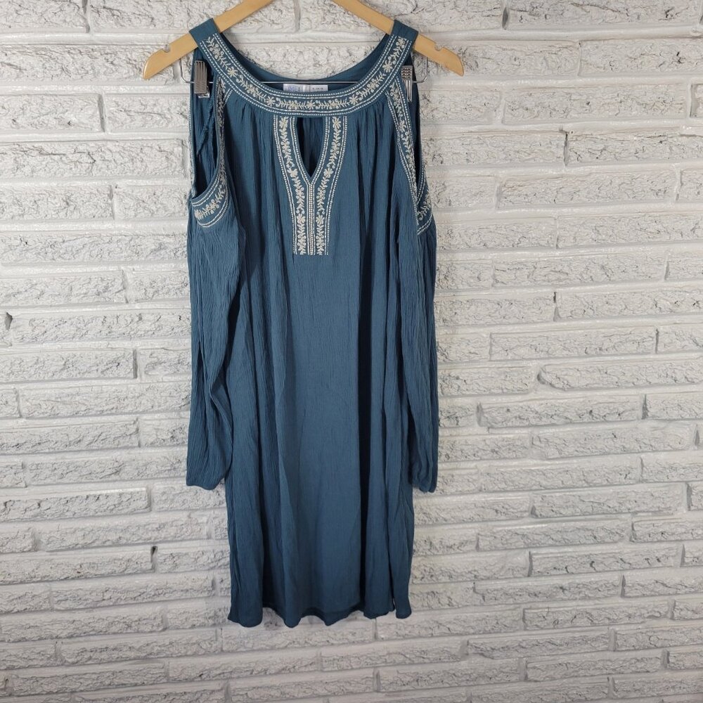 Time Tru Womens Dress Extra Large Mini Cold Shoulder Blue Embroidered BLU207E